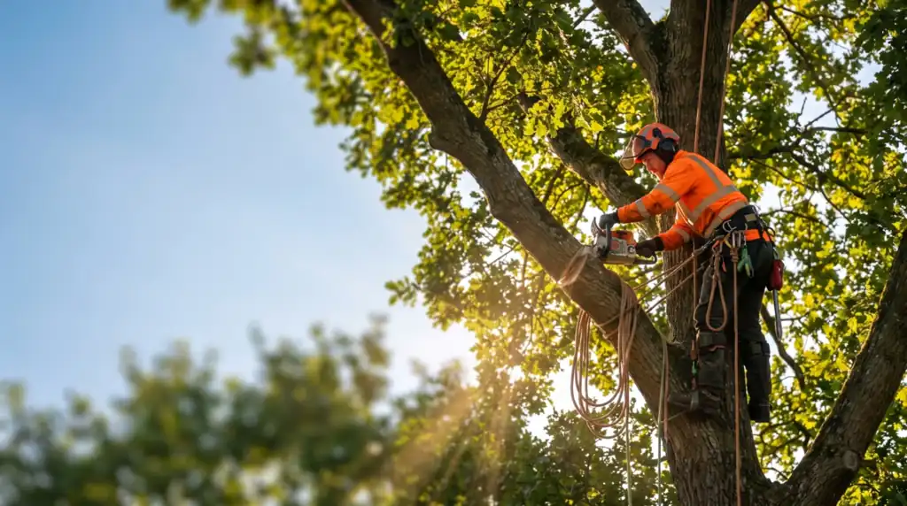 Insured arborist making a precision chainsaw cut high in a tree