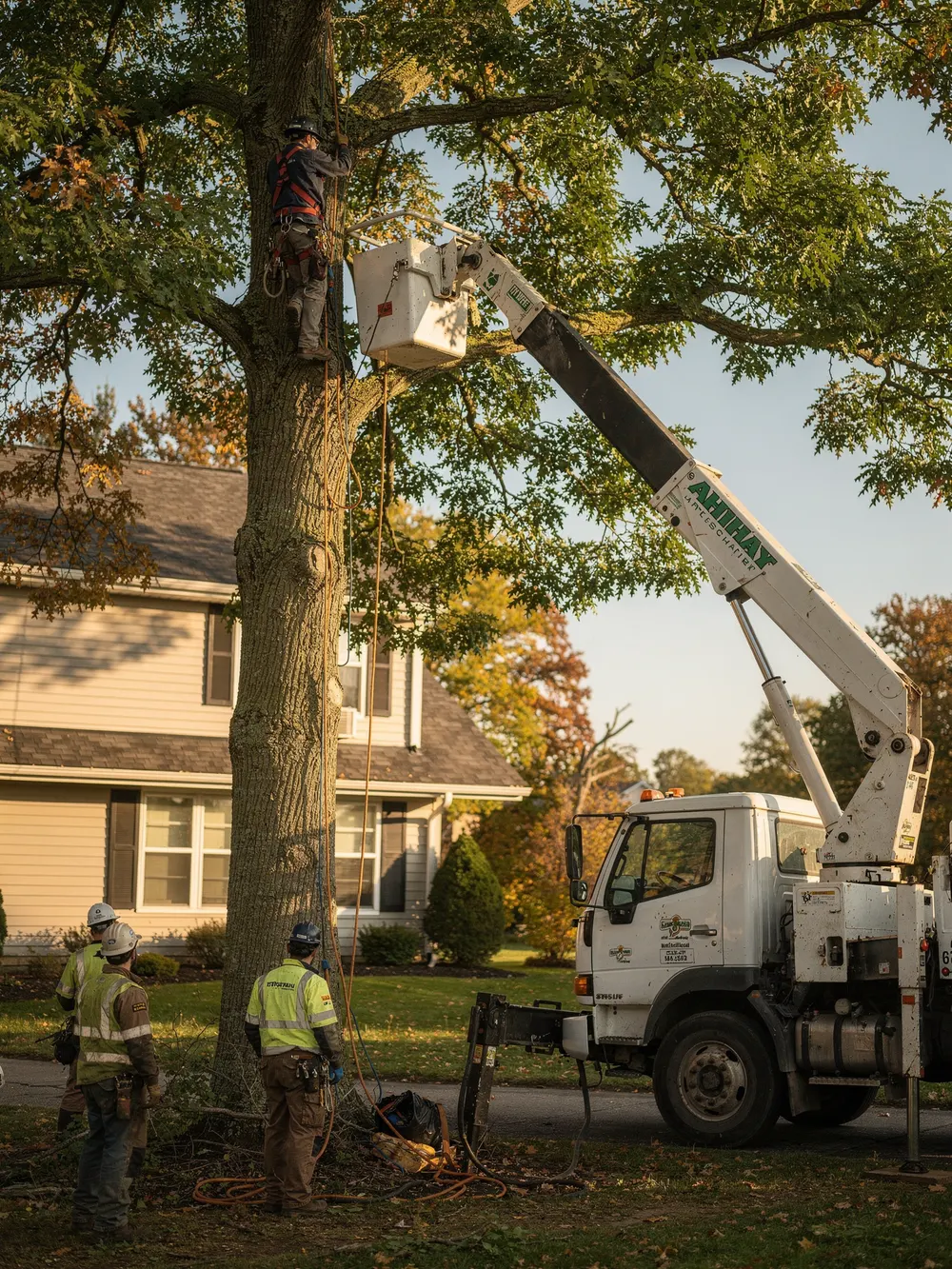 Bucket truck lifting an arborist beside a tall tree