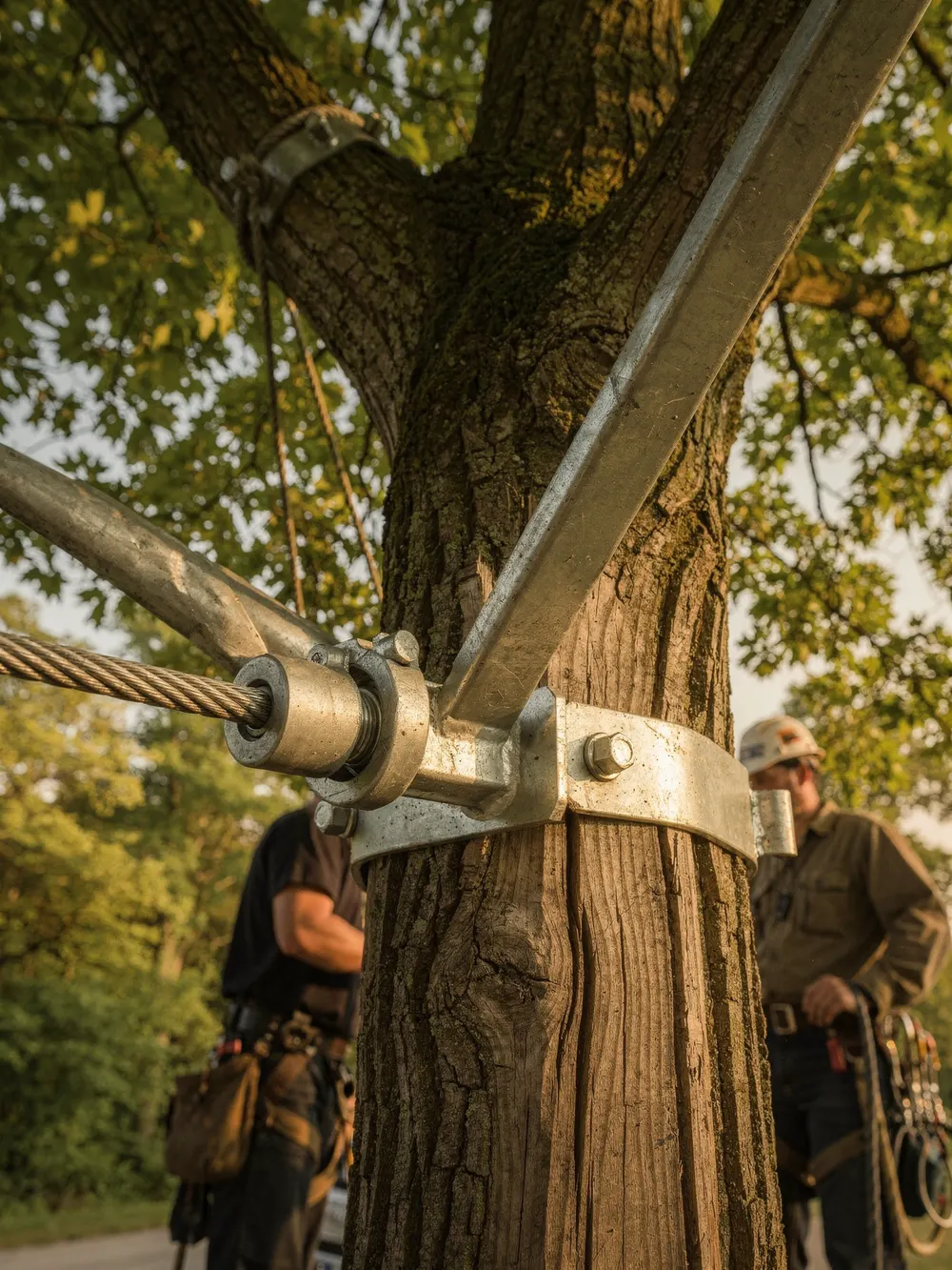 Steel support cable and brace installed in a mature tree