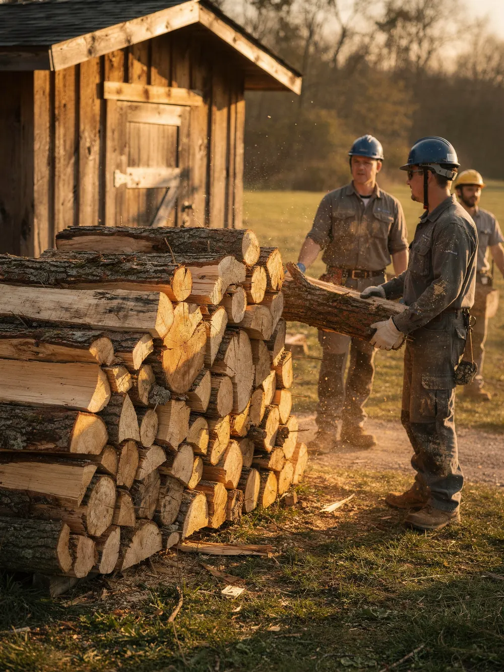 Stacked cord of seasoned split hardwood firewood
