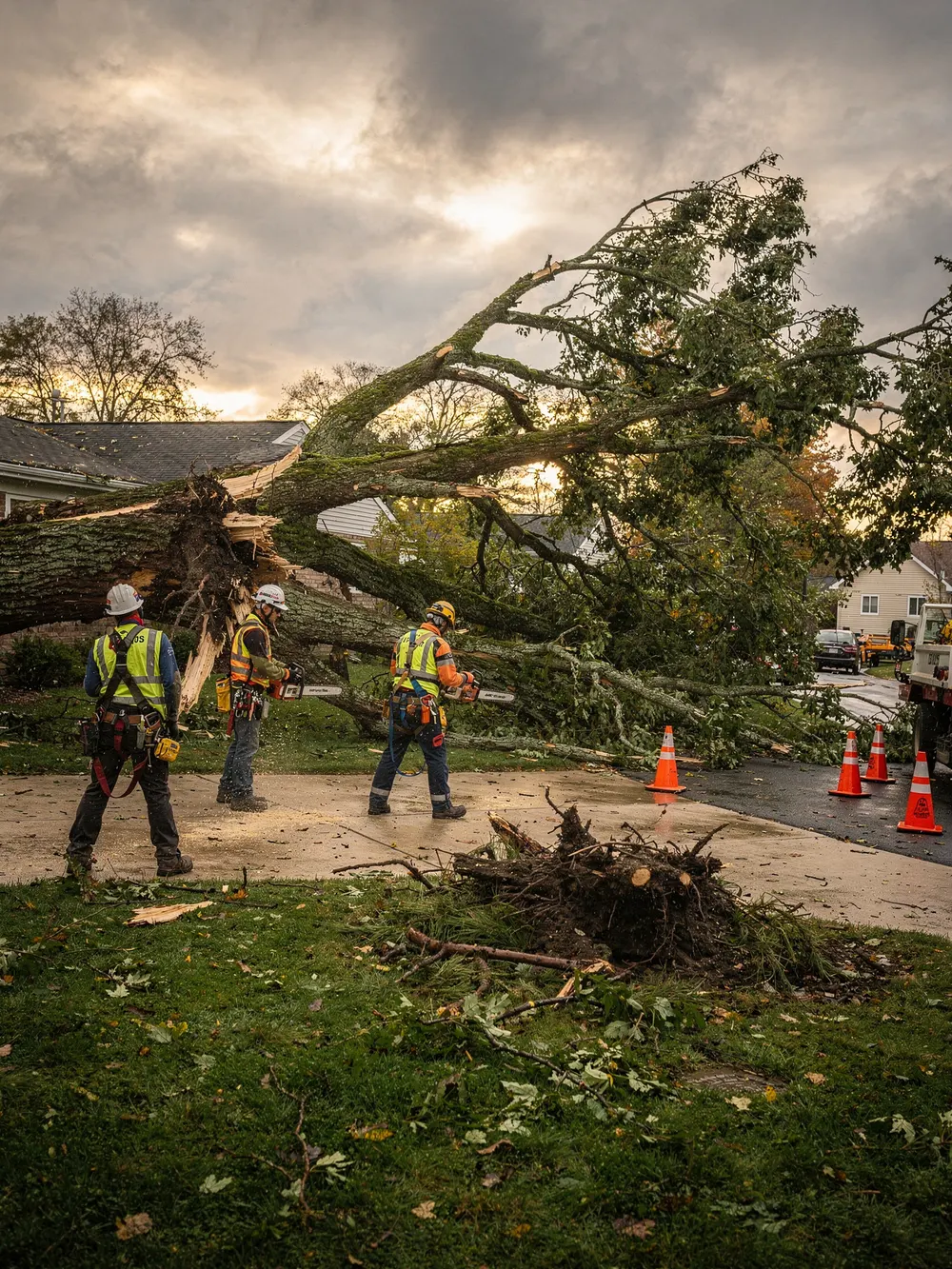 Crew clearing a large storm-fallen tree from a yard