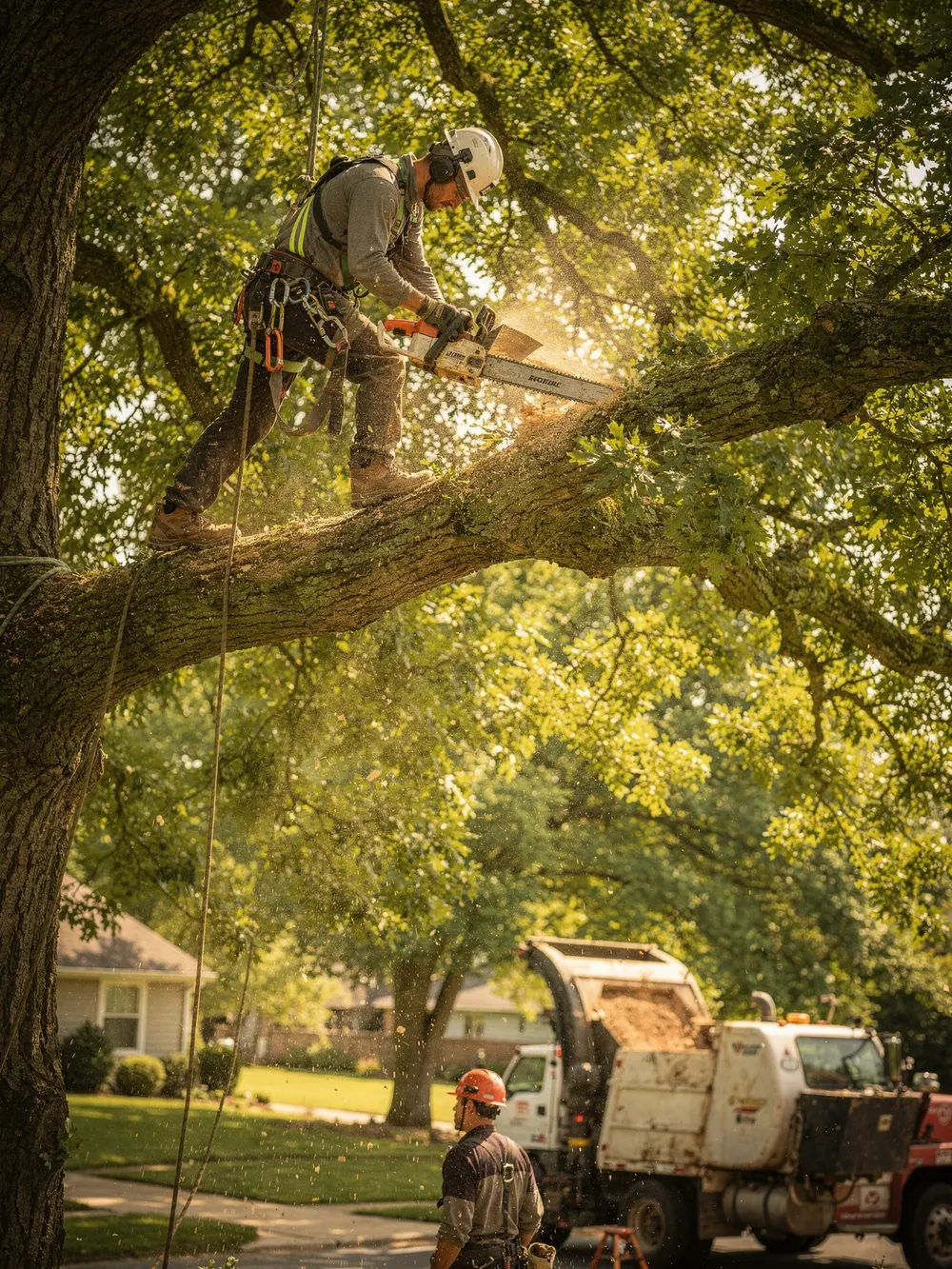Insured arborist removing a large tree with a chainsaw